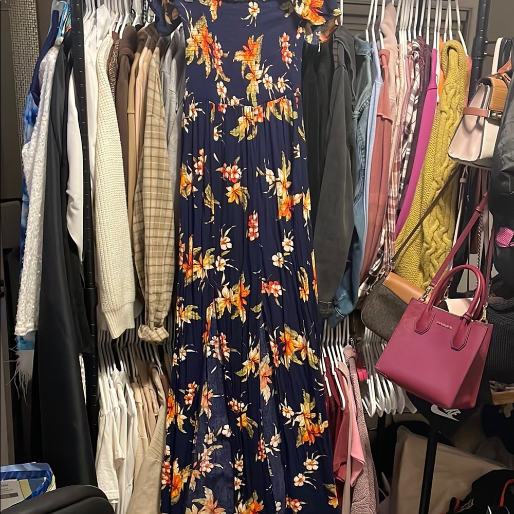 Ambiance Navy Floral Smocked Off-Shoulder Maxi Dress – Size S
